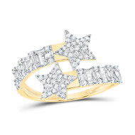 10K Yellow Gold Real Baguette Diamond Women's Bypass Star Cuff Band Ring 5/8 CT