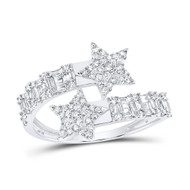 10K White Gold Real Baguette Diamond Women's Bypass Star Cuff Band Ring 5/8 CT