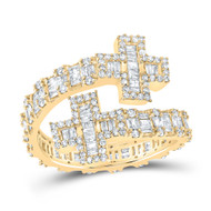 10K Yellow Gold Real Baguette Diamond Womens Eternity Cross Cuff Band Ring 1 CT