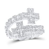 10K White Gold Real Baguette Diamond Women's Eternity Cross Cuff Band Ring 1 CT