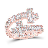 10K Rose Gold Real Baguette Diamond Women's Eternity Cross Cuff Band Ring 1 CT