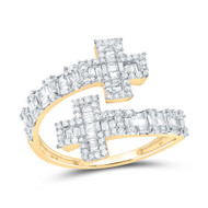 10K Yellow Gold Real Baguette Diamond Women's Bypass Cross Cuff Band Ring 3/4 CT