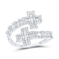 10K White Gold Real Baguette Diamond Women's Bypass Cross Cuff Band Ring 3/4 CT