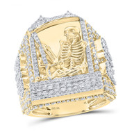 10K Yellow Gold Round & Baguette Diamond RIP Skeleton Coffin Pinky Ring 4 CT.