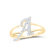 10K Yellow Gold Round Diamond Letter / Initital "A" Splilt Shank Ring 1/5 CT.