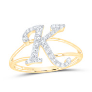 10K Yellow Gold Real Round Cut Diamond Women's Split Shank Initial 'K' Letter Right Hand Statement Ring 1/4 Ct.