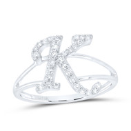 10K White Gold Real Round Cut Diamond Women's Split Shank Initial 'K' Letter Right Hand Statement Ring 1/4 Ct.