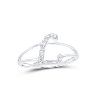 10K White Gold Round Diamond Letter / Initital "L" Splilt Shank Ring 1/8 CT.
