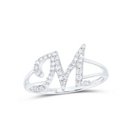 10K White Gold Round Diamond Letter / Initital "M" Splilt Shank Ring 1/5 CT.