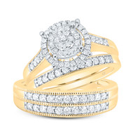 10K Yellow Gold Round Cut Diamond Men's Wedding Band & Women's Bridal Set Tiered Halo Cathedral Design Matching Trio Set 1/2 CT.