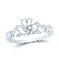 10K White Gold Genuine Round Diamond Women's Love Claddagh Heart Ring 0.02 CT