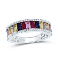 14K White Gold Baguette Natural Multi-Color Gemstone & Diamond 6mm Ring 2.25 CT.