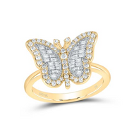10K Yellow Gold Round & Baguette Diamond Butterfly Statement Ring Band 1/3 CT.