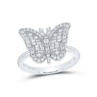 10K White Gold Round & Baguette Diamond Butterfly Statement Ring Band 1/3 CT.