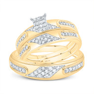 10K Yellow Gold Round Cut Diamond Men's Wedding Band & Women's Bridal Set Geometric Square Cluster Matching Trio Set 1/2 CT.