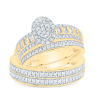10K Yellow Gold Round & Baguette Cut Diamond Men's Wedding Band & Women's Bridal Set Tiered Oval Halo Matching Trio Set 3/4 Ct.