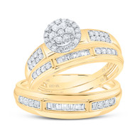 10K Yellow Gold Round & Baguette Cut Diamond Men's Wedding Band & Women's Bridal Set Floral Halo Flower Matching Trio Set 1/2 CT.