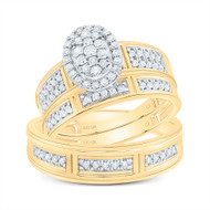 10K Yellow Gold Round Cut Diamond Men's Wedding Band & Women's Bridal Set Tiered Oval Halo Cluster Matching Trio Set 1/2 CT.