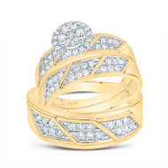 10K Yellow Gold Round Cut Diamond Men's Wedding Band & Women's Bridal Set Tiered Floral Halo Flower Cluster Matching Trio Set 5/8 CT.