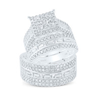 14K White Gold Round Cut Diamond Men's Wedding Band & Women's Bridal Set Tiered Square Halo Greek Key Matching Trio Set 2 CT.