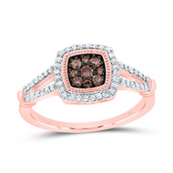 10K Rose Gold Brown Diamond Women's Split Shank Cushion Halo Right Hand Cocktail Ring 3/8 Ct.