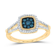 10K Yellow Gold Blue Diamond Women's Split Shank Cushion Halo Right Hand Cocktail Ring 3/8 Ct.