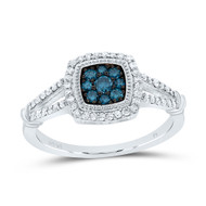 10K White Gold Blue Diamond Women's Split Shank Cushion Halo Right Hand Cocktail Ring 3/8 Ct.