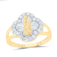 10K Yellow Gold Diamond Virgin Mother Mary Clover Cocktail Ring 15mm Band 1/2 CT
