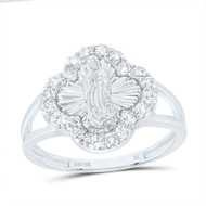 10K White Gold Diamond Virgin Mother Mary Clover Cocktail Ring 15mm Band 1/2 CT.