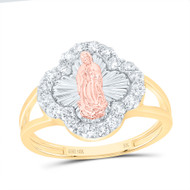 10K Tri-Color Gold Diamond Virgin Mother Mary Clover Frame Ring 15mm Band 1/2 CT