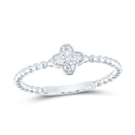 14K White Gold Round Cut Diamond Women's Good Luck 4 Leaf Clover Beaded Right Hand Statement Ring 1/10 Ct.