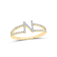 10K Yellow Gold Round Diamond Letter / Initital "N" Splilt Shank Ring 1/4 CT.