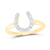 14K Yellow Gold Real Round Diamond Womens Good Luck Horseshoe Lucky Ring 1/20 CT