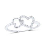 10K White Gold Genuine Round Diamond Women's Locked Double Heart Ring 1/20 CT