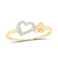 10K Yellow Gold Genuine Round Diamond Women's Slender Double Heart Ring 1/20 CT