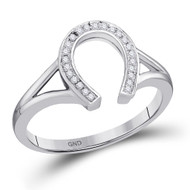 10K White Gold Real Round Diamond Women's Good Luck Horseshoe Lucky Ring 1/20 CT