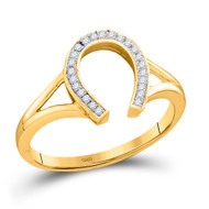 10K Yellow Gold Real Round Diamond Womens Good Luck Horseshoe Lucky Ring 1/20 CT
