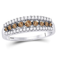 14K White Gold Genuine Brown Diamond Women's Graduated 3 Row Band Ring 1/2 CT