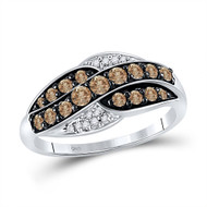 10K White Gold Genuine Brown Diamond Women's Crossover Striped Band Ring 1/2 CT