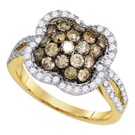 10K Yellow Gold Real Brown Diamond Women's Flower / Clover Cocktail Ring 1.63 CT