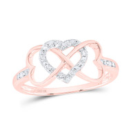 10K Rose Gold Genuine Diamond Women's Infinity Triple Heart Band Ring 1/10 CT