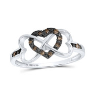 Sterling Silver Brown Diamond Women's Infinity Triple Heart Band Ring 1/10 CT