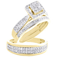 10K Yellow Gold Diamond Trio Set Square Bridal Set + Matching Wedding Band 1 CT
