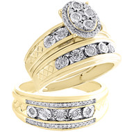 10K Yellow Gold Real Diamond Trio Set Cluster Bridal Ring + Wedding Band 1/2 CT.