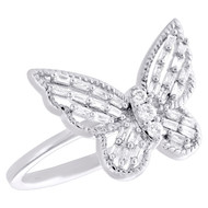 14K White Gold Baguette Diamond Women's Milgrain Butterfly Cocktail Ring 1/4 CT