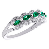 14K White Gold Round Diamond & Marquise Emerald Gemstone Band 6mm Ring 1/4 CT.