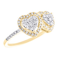 14K Yellow Gold Round Diamond Women's Double Heart Halo Right Hand Ring 1/2 CT
