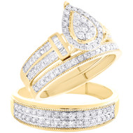 10K Yellow Gold Diamond Trio Set Teardrop Bridal Set Milgrain Wedding Band 1 CT
