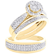 10K Yellow Gold Diamond Trio Set Cathedral Halo Bridal Set + Wedding Band 1 CT