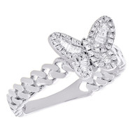 14K White Gold Diamond Women's Cuban Link & Butterfly Right Hand Ring 1/4 CT